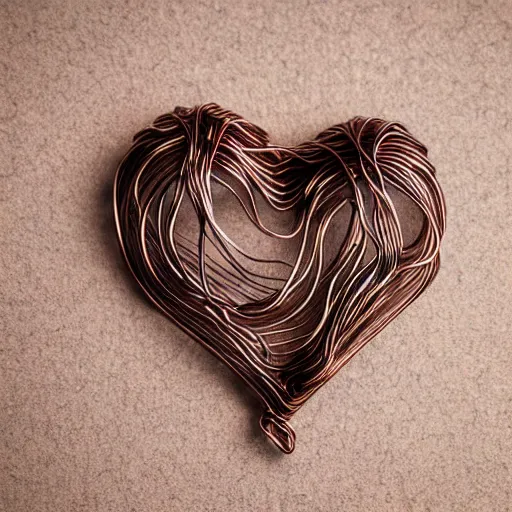 Image similar to a very beautiful tiny human heart organic sculpture made of copper wire and threaded pipes, very intricate, curved. studio lighting, high resolution, high quality, black background