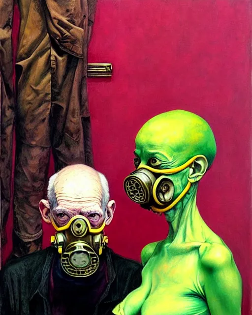 Prompt: two skinny old people with extra limbs, wearing gas masks, cinematic, dystopian, eerie, horror, gothic, draped in gold, green and pink, highly detailed painting by (((Jenny Saville))), Esao Andrews, Francis Bacon, !!!Edward Hopper!!! surrealism, art by Takato Yamamoto and James Jean