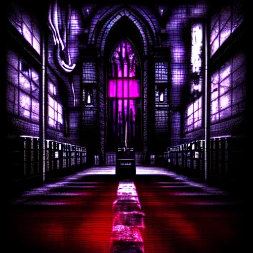 Image similar to The church of misery, cyberpunk, dark, digital art, night, scary, creepy