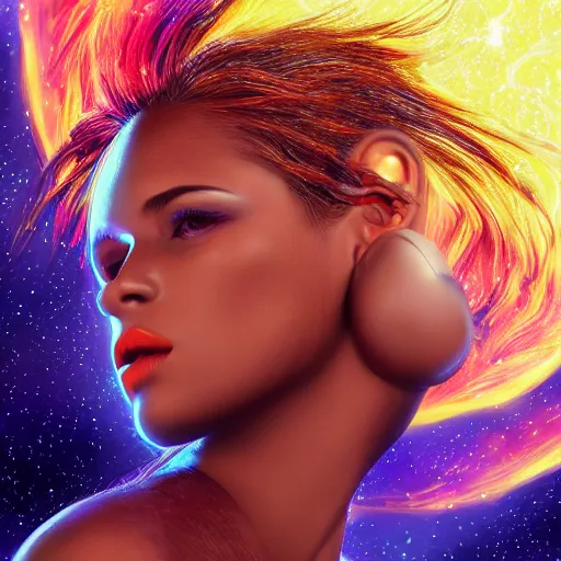 Image similar to highly detailed close up portrait of a celestial girl with a body made of cosmic energy, character art, studio lightning, bright colors, intricate, masterpiece, photorealistic, hiperrealistic, sharp focus, high contrast, Artstation HQ, DeviantArt trending, 4k UHD, Unreal Engine 5