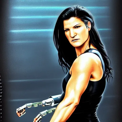 Prompt: beautiful digital painting of gina carano with a cybernetic arm, highly detailed, hyperrealism