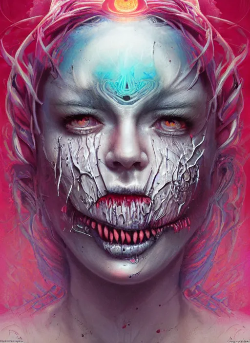 Image similar to nightmare portrait of the awakening of my 3rd eye,full character, melting ,8k,by tristan eaton,Stanley Artgermm,Tom Bagshaw,Greg Rutkowski,Carne Griffiths, Ayami Kojima, Beksinski, Giger,trending on DeviantArt,face enhance,hyper detailed,minimalist,horror, android, full of colour