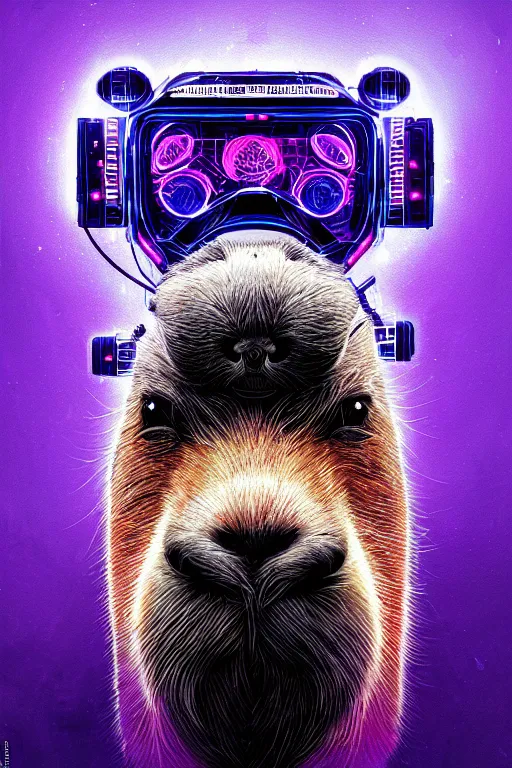 Image similar to a beautiful portrait of a cute cyberpunk capybara by sandra chevrier and greg rutkowski and wlop, purple blue color scheme, high key lighting, volumetric light, digital art, highly detailed, fine detail, intricate, ornate, complex, octane render, unreal engine, photorealistic