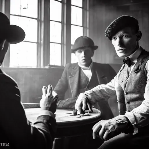 Image similar to a scene from peaky blinders, medium long shot, 3 / 4 shot, full body picture of cillian murphy and tom hardy, sharp eyes, serious expressions, detailed and symmetric faces, black and white, playing poker in an abandoned hut, epic photo by talented photographer ansel adams