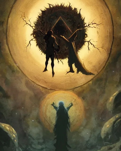 Image similar to a druid standing in a circle at the beginning of the world by greg rutkowski and frank frazetta and peter mohrbacher and william blake and dan mumford