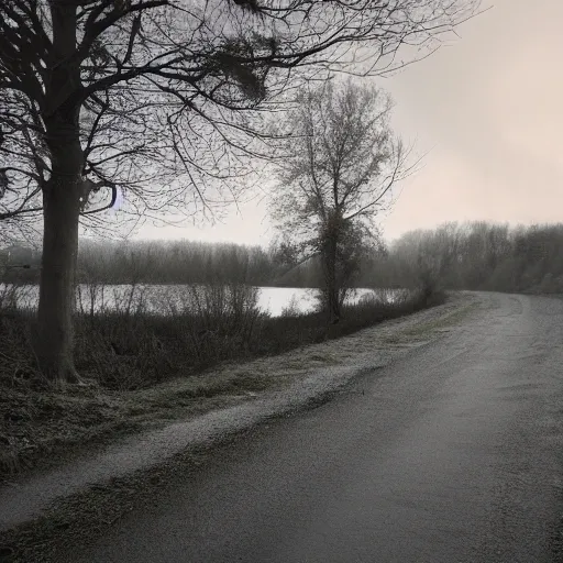 Image similar to Beautiful cameraphone, soft liminal Photograph of an estate road, early morning, small flat lake in the background