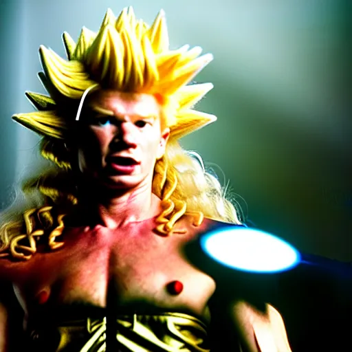 Image similar to uhd candid photo of hyperdetailed young dave mustaine as a super saiyan. correct face, intricate costume, cinematic lighting, photo by annie leibowitz, and steve mccurry.