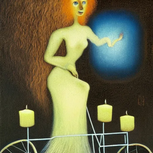 Image similar to by remedios varos, a long haired woman riding a bicycle towards a giant candle in the distance, oil painting, met collection, high resolution