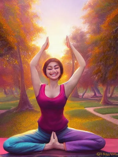 Prompt: a beautiful happy wearing yoga pans at the park. smiling popular girl. intricate, elegant, highly detailed, digital painting, artstation, cinematic shot, concept art, sharp focus, illustration, by justin gerard and artgerm 8 k