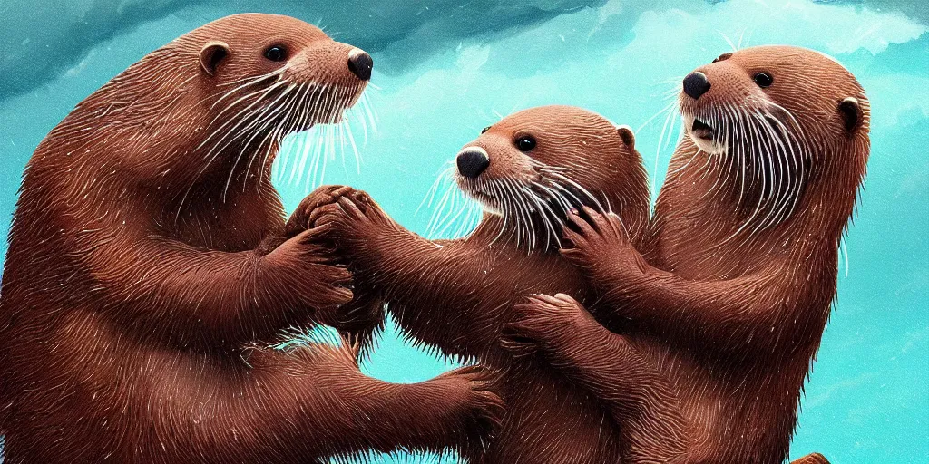 Image similar to illustration hyper detailed cute otters holding hands in a huge storm cinematic dreamlike trending on artstation masterpiece