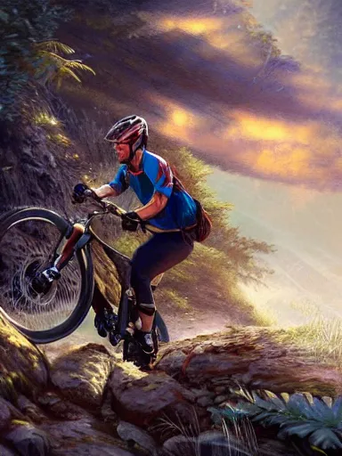 Image similar to handsome man riding a mountain bike in the wild. intricate, elegant, highly detailed, digital painting, artstation, cinematic shot, concept art, sharp focus, illustration, by justin gerard and artgerm, 8 k