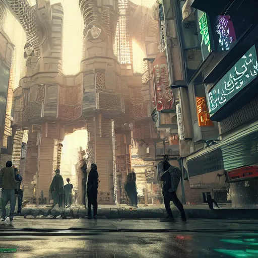 Image similar to Photorealistic cyberpunk mosque in crowded Tokyo. Hyperdetailed photorealism, UHD, amazing depth, glowing rich colors, powerful imagery, 3D octane cycle finalrender, 3d shading, cinematic lighting, artstation concept art