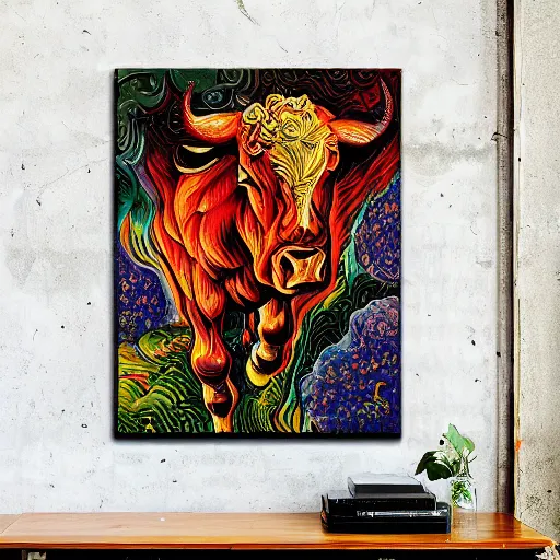 Prompt: fire, flowers, bull, surreal by dan mumford and umberto boccioni, oil on canvas