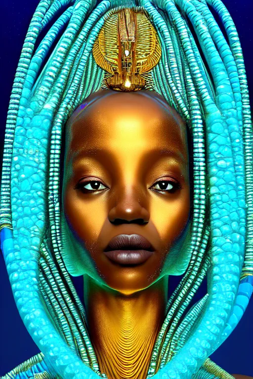 Image similar to hyperrealistic futurist full body cinematic very expressive! translucent african goddess underwater scene, gold jewerly, highly detailed face, digital art masterpiece, smooth eric zener cam de leon, dramatic pearlescent turquoise light on one side, low angle uhd 8 k, shallow depth of field