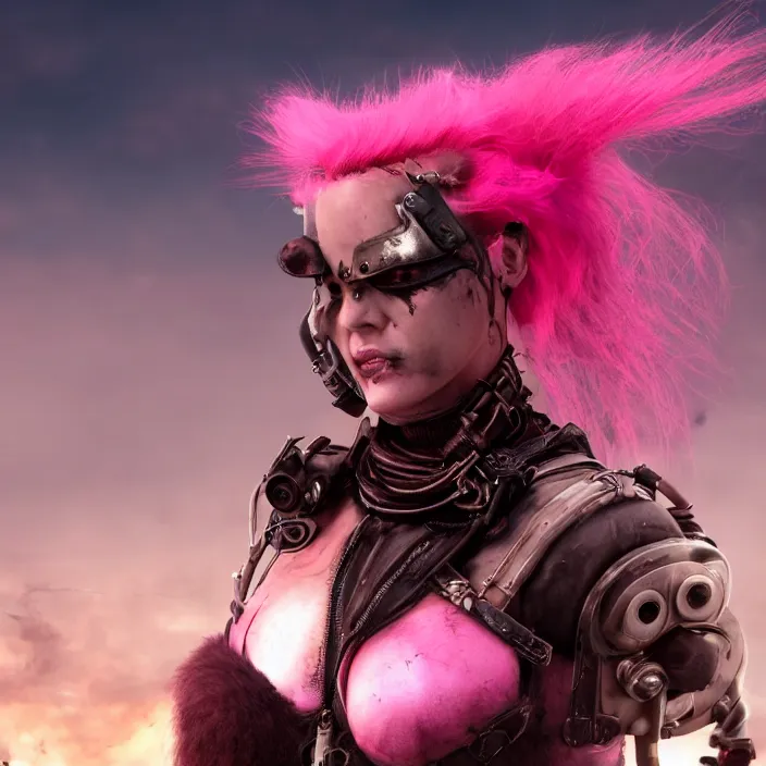 Image similar to beautiful apocalyptic woman with pink Mohawk, posing on mad max panzer tank, 4k ultra hd, fantasy dark art, artstation, octane render