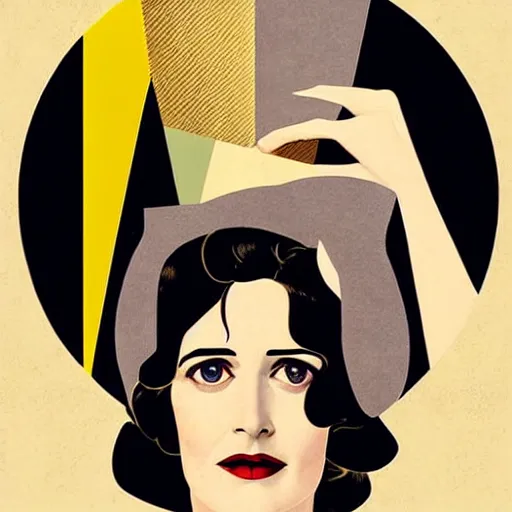 Prompt: Eva Green, Art by Coles Phillips, Portrait of the actress, Eva Green as Space Commander Alpha from the Year 4000, geometric art, poster, no text, Mucha, Kandinsky, carbon blac and antique gold