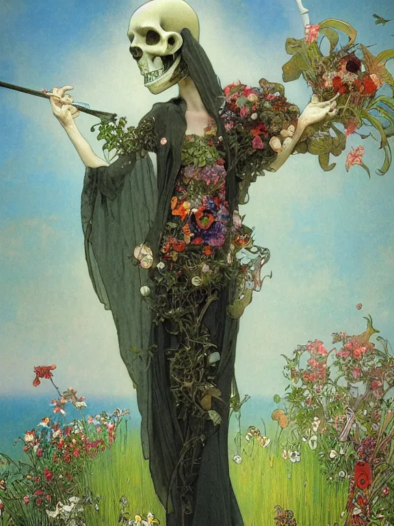 Prompt: skull - headed grim reaper dancing in paradise garden by mucha and jimmy lawlor and anna dittmann