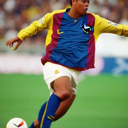 Image similar to ronaldo nazario fenomeno from fc barcelona, photograph by mark mann, 1 9 9 6