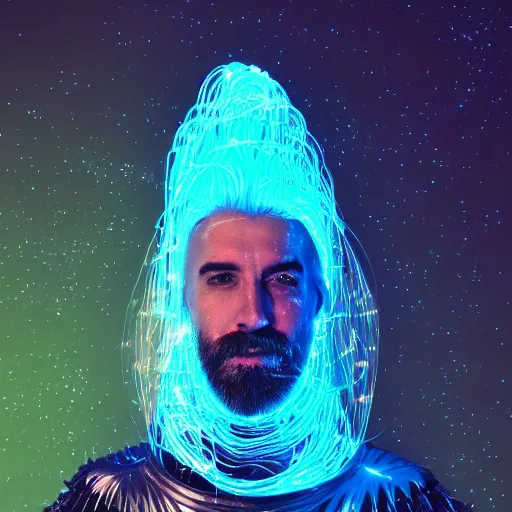 Prompt: portrait photo, a futuristic space wizard with a detailed metallic face, beard made of glowing hombre fiber optic cables, wearing a futuristic dark blue shining shimmering glittered robe, against a vibrant outer space sky by beeple