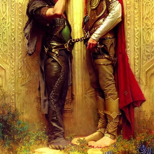 Image similar to stunning arthur pendragon in love with stunning male merlin the mage. they are close to each other, touching, looking. highly detailed painting by gaston bussiere, craig mullins, j. c. leyendecker