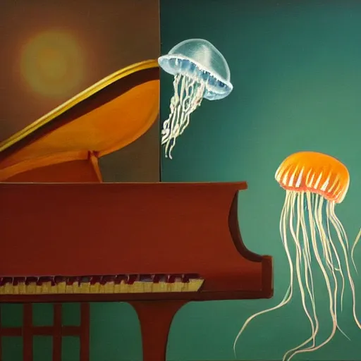 Prompt: a painting of a jellyfish playing the piano on stage in the spotlight