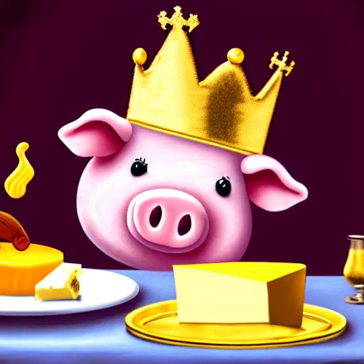 Prompt: realistic photo of a cute velvet plush pig wearing a gold crown eating cheese at a table with a bib on, high quality, cinematic concept art
