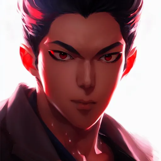 Image similar to anime portrait of a slick black hair guy with red eyes by stanley artgerm lau, wlop, rossdraws, james jean, andrei riabovitchev, marc simonetti, and sakimichan, trending on artstation