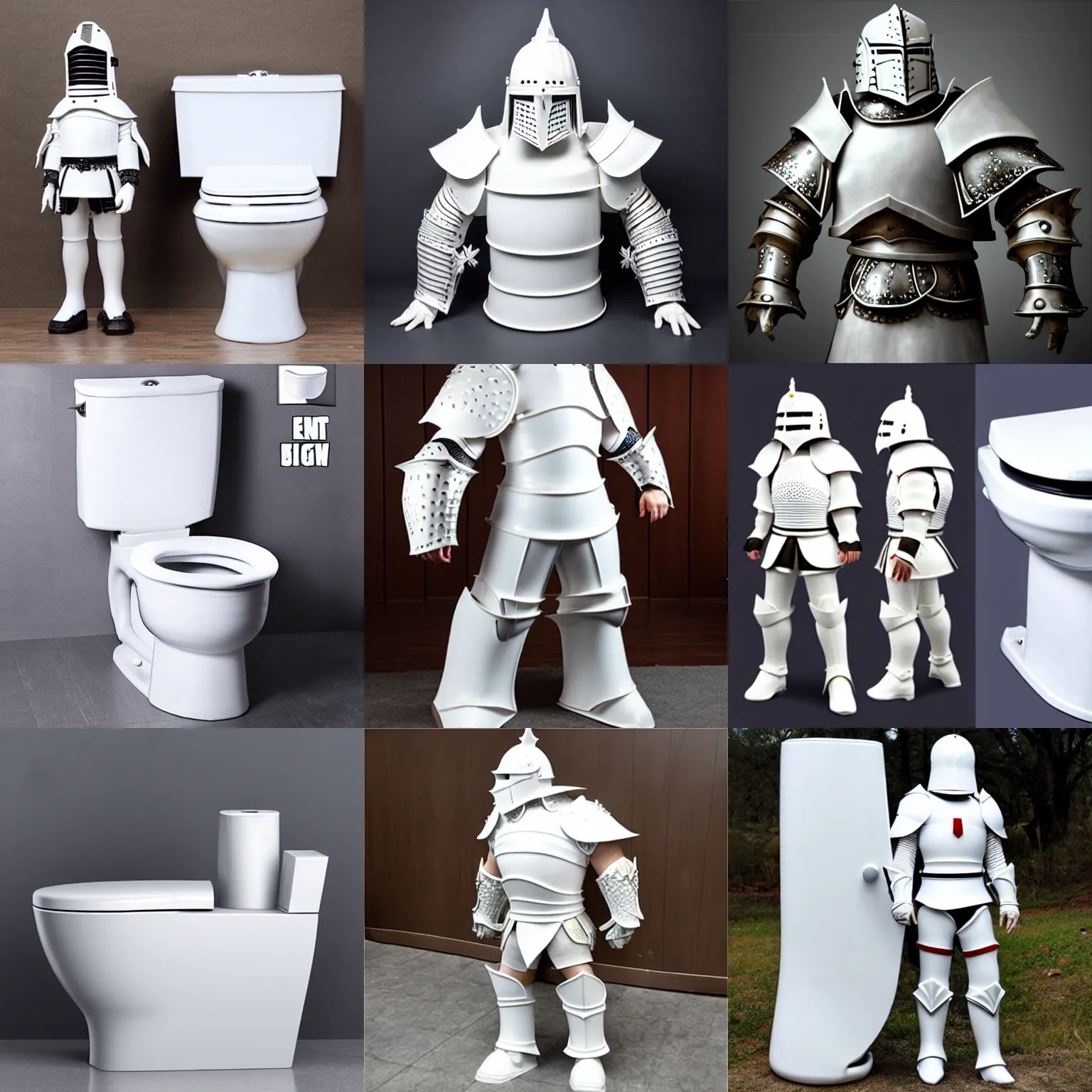 Prompt: white oversized giant knight wearing white porcelain toilet bowl armor