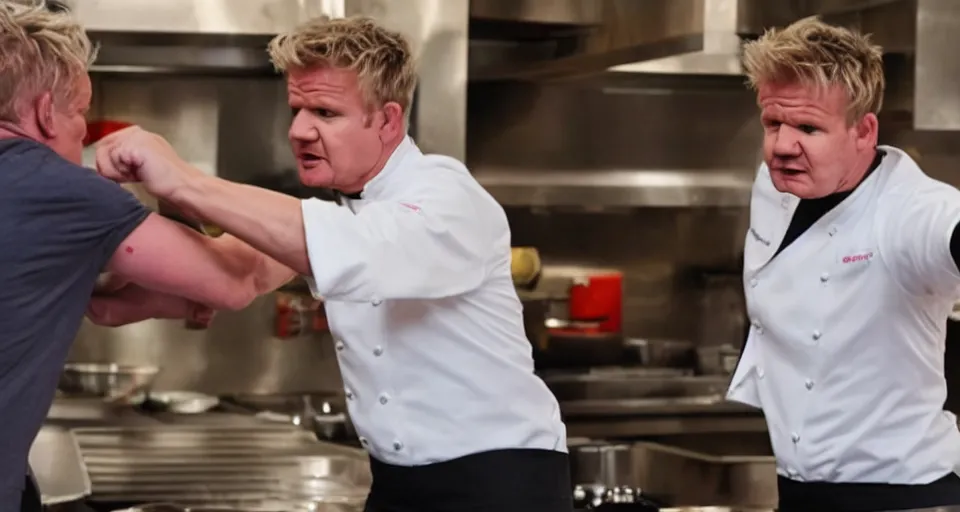 Image similar to photo of angry furious Gordon Ramsay punching Gordon Ramsay at the kitchen