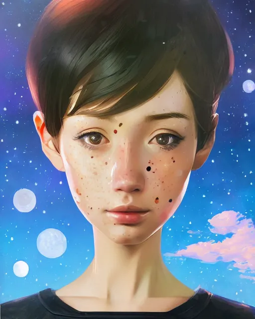 Image similar to portrait Anime astronaut girl cute-fine-face, pretty face, realistic shaded Perfect face, fine details. Anime. realistic shaded lighting by Ilya Kuvshinov Giuseppe Dangelico Pino and Michael Garmash and Rob Rey, IAMAG premiere, WLOP matte print, cute freckles, masterpiece