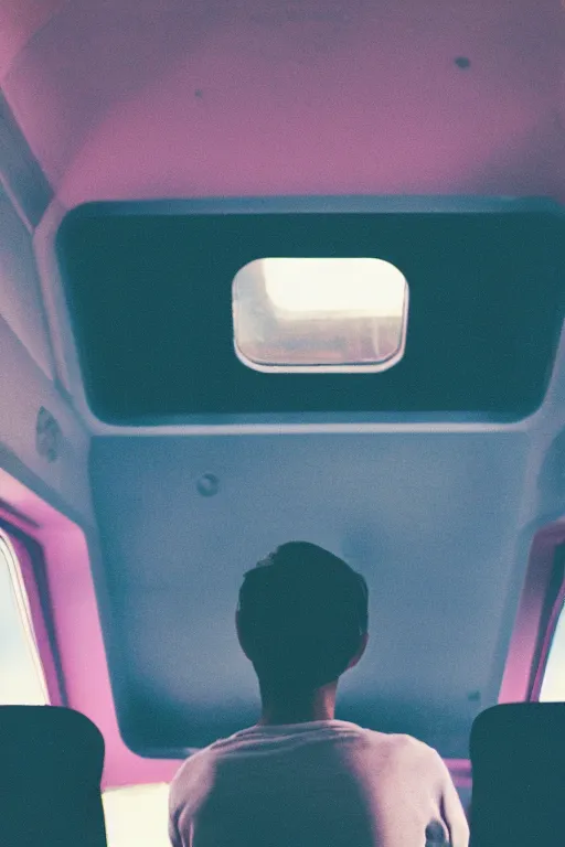 Prompt: far away kodak ultramax 4 0 0 photograph of a skinny guy looking out the window of a spaceship, back view, pink shirt, grain, faded effect, vintage aesthetic, vaporwave colors, cyber aesthetic, spaceship,