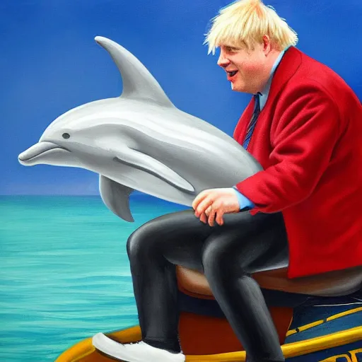 Image similar to boris johnson riding a dolphin, painting