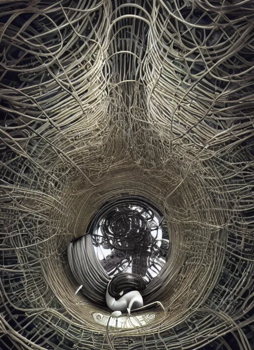 Image similar to wide - angle shot of cybertronic mushroom, cables and tubes, depth of field, zeiss lens, detailed, symmetrical, centered, fashion photoshoot, by nicoletta ceccoli, mark ryden, lostfish, earl nore, hyung tae, frank frazetta, breathtaking, 8 k resolution, extremely detailed, beautiful, establishing shot, artistic, hyperrealistic, octane render