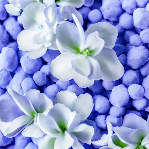 Image similar to cool blue perfume on a white surface surrounded by a plethora of cool blue and lavendar flowers and green stems, bright white realistic, up close shot, white background, zen, light, modern minimalist f 2 0