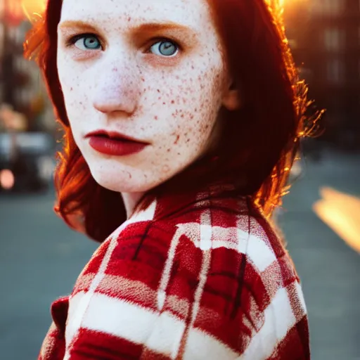 Image similar to photograph, closeup portrait of a young pale woman with shoulder length red hair, tired eyes, freckles, wearing red flannel, soft lighting, city background, sunset, bokeh, urban setting, high contrast, sharp, portra 8 0 0, photographed by annie leibovitz, trending on tumblr,