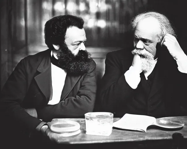 Image similar to karl marx chatting with aristotle in a bar, professional photography nighttime, noir photo, golden lights, calm feeling