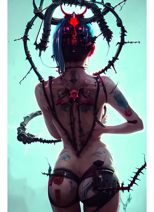 Prompt: portrait of cute cyborg succubus girl from behind with crown of thorns and horns covered with runic tattoos, warhammer, cyberpunk by atey ghailan, by greg rutkowski, by greg tocchini, by james gilleard, by joe gb fenton, by in kaethe butcher, dynamic lighting, gradient light blue, red, blonde cream and white color in scheme, grunge aesthetic