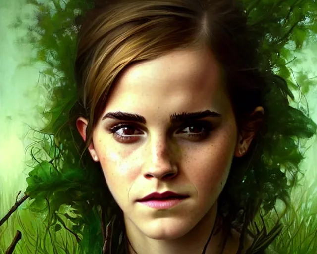 Prompt: mindblowing portrait of emma watson as a swamp witch, green colored skin!!, deep focus, d & d, fantasy, intricate, elegant, highly detailed, digital painting, artstation, concept art, matte, sharp, illustration, hearthstone, art by artgerm and greg rutkowski and alphonse mucha