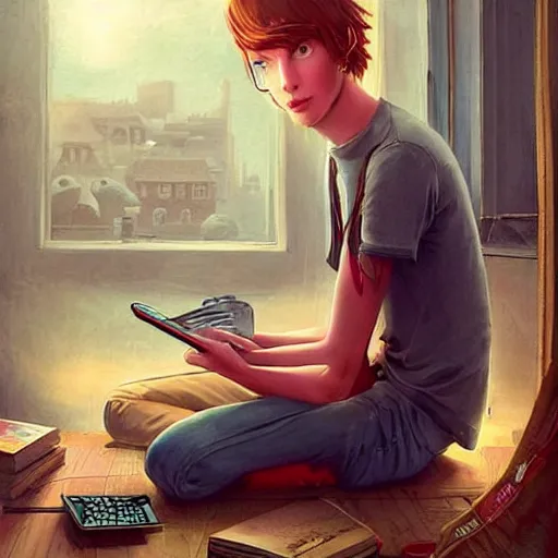 Image similar to a skinny computer nerd guy sitting on the floor of his room, crossed legs, laptop, smartphone, video games, tv, books, potions, jars, shelves, knick knacks, tranquil, calm, sparkles in the air, magic aesthetic, fantasy aesthetic, colorful, whimsical aesthetic, by stanely artgerm, tom bagshaw, arthur adams, cane griffiths, trending on deviantart, street art, face enhance, chillwave, maximalist