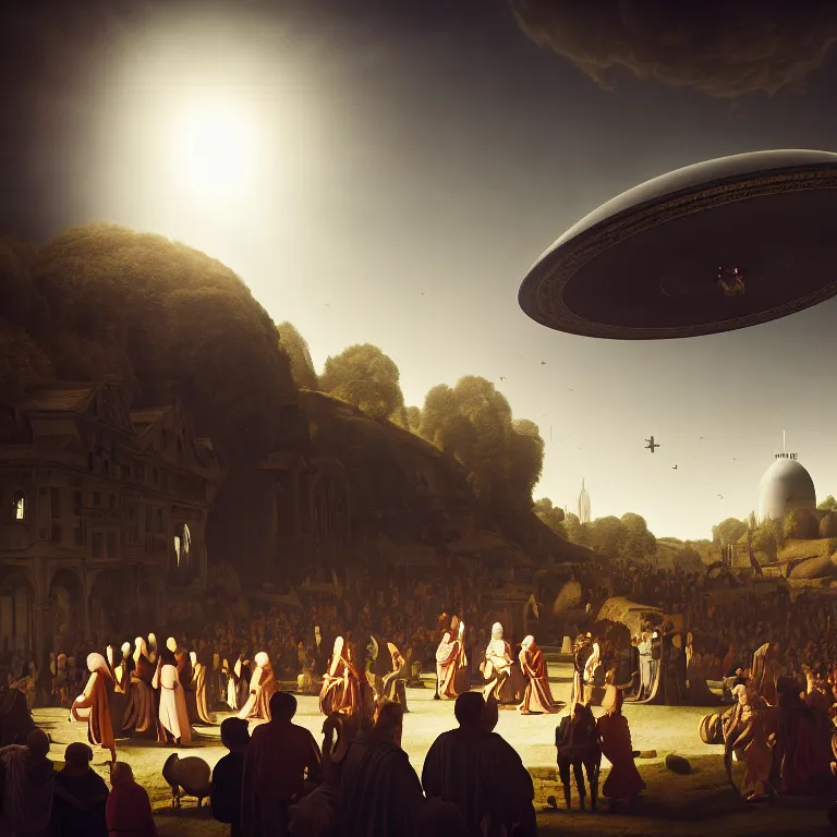 Image similar to crowd of medieval people surrounding UFO flying saucer, dream-like atmosphere, baroque painting, beautiful detailed intricate insanely detailed octane render trending on Artstation, 8K artistic photography, photorealistic, soft natural volumetric cinematic light, chiaroscuro, award-winning photograph, masterpiece, Raphael, Caravaggio, Greg Rutkowski, Beeple