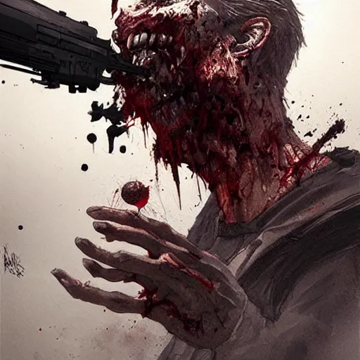 Image similar to a men shooting at a zombie the zombie head exploded because of the bullet by greg rutkowski