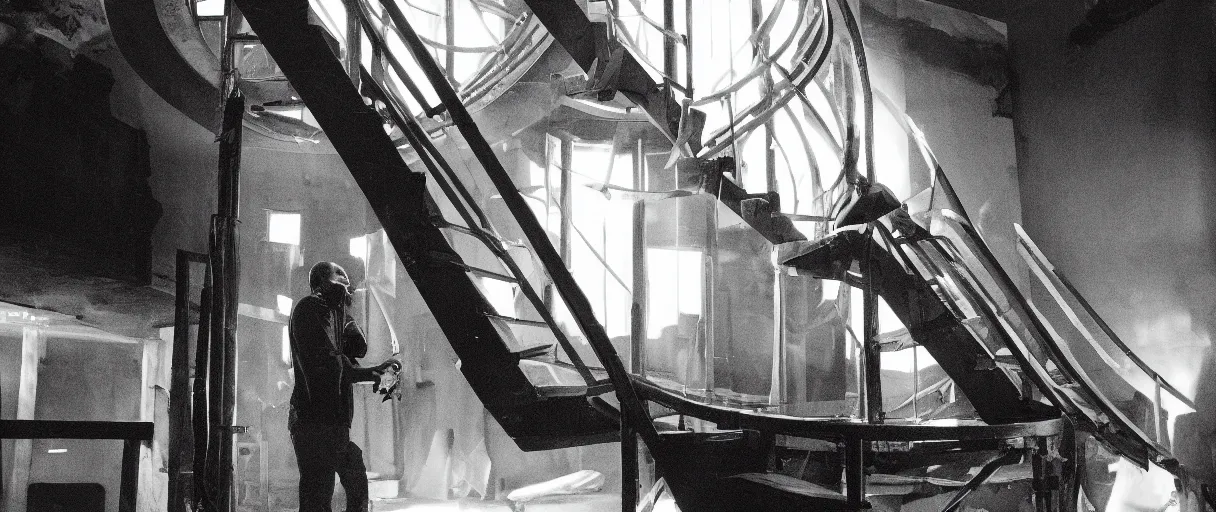 Prompt: frank ocean building a spiral staircase in the centre of the room, greyscale,