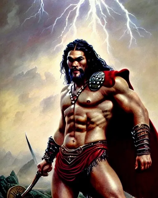 Image similar to beautiful portrait oil painting, jason momoa conan the barbarian thor standing on a rocky hill, wearing a warrior king crown and royal crimson fantasy ornate spartan dragon scale armor, wet skin and hair, muscular!!!, battle action pose, frank frazetta, boris vallejo, greg rutkowski, beautiful cinematic light, low angle, greg rutkowski, high contrast