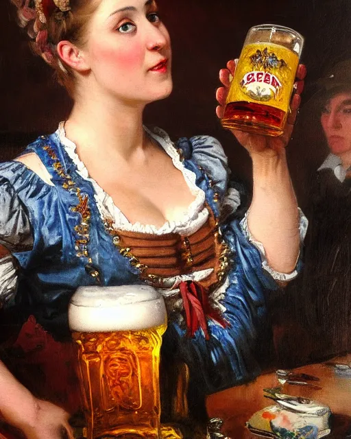 Prompt: a painting of janice jarratt holding a mug of beer at the oktoberfest, a detailed painting by konstantin makovsky and by jan matejko and by nikolay makovsky, shutterstock contest winner, german romanticism, detailed painting, oil on canvas, wimmelbilder