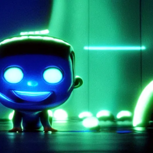 Image similar to cute smiling pixar and chibi style electric blue scaled glowing baby dinosaurs in tron movie, cinestill