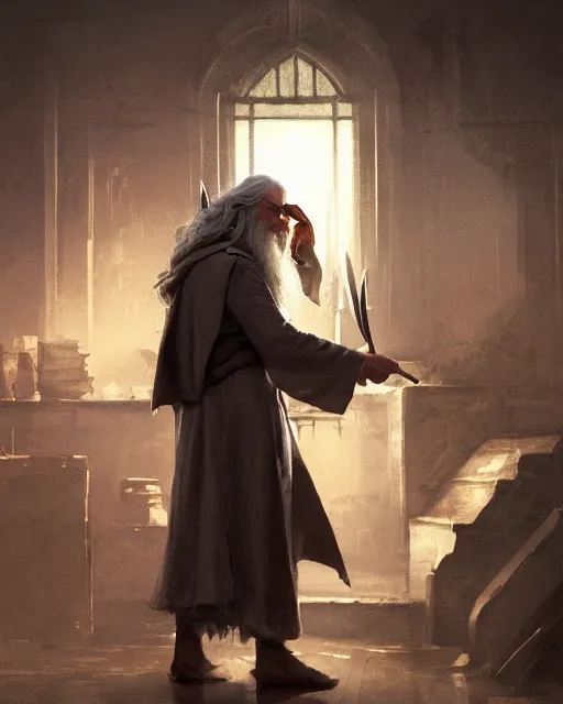 Image similar to gandalf eating a big mac, greg rutkowski, esuthio, craig mullins, cinematic lighting, gloomy