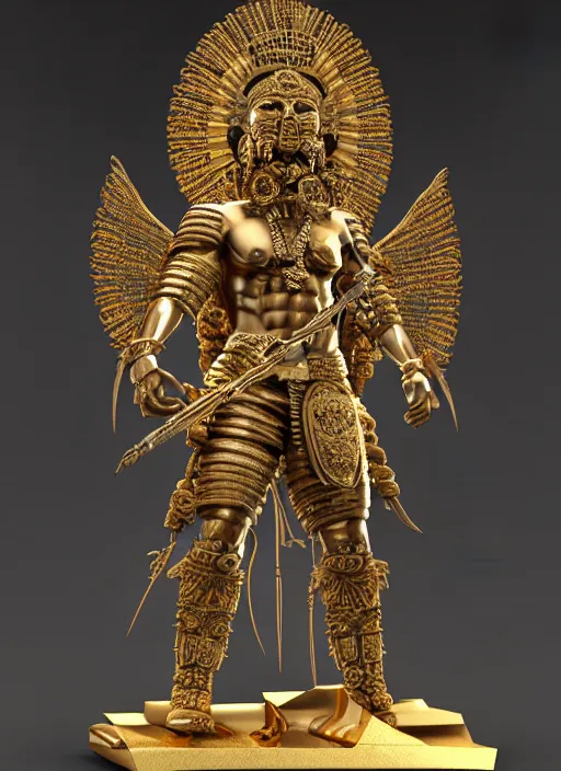 Image similar to intricate sculpture of an aztec warrior, ulta high detail, subtle gold accents, sculpted by craig mullins, yoji shinkawa, trending on artstation, hyper detailed, insane details, intricate, ornate, elegant, luxury, dramatic lighting, cgsociety, art, octane render, weta digital, micro details, 3 d sculpture, structure, ray trace 4 k