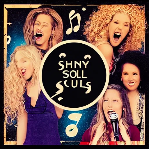 Image similar to album cover of a pop rock music group named'shiny souls'with two woman singers with blonde hair and one woman singer with brown curly hair singing in front of the crowd, very energetic, aerial view, digital art