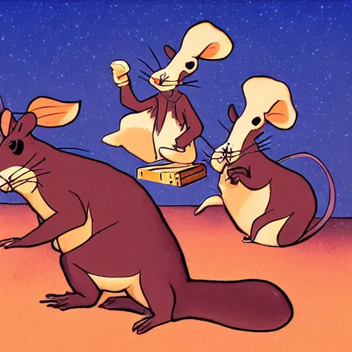 Image similar to rats playing in a rock band inspired by the beatles, wholesome, ghibli and disney animation, sharp, art by ken anderson and mel shaw, dramatic lighting, brown palette, high detail