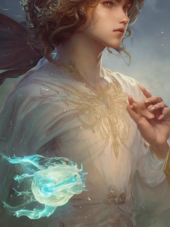 Image similar to young summoner with a water elemental, fantasy, man, intricate, elegant, highly detailed, digital painting, artstation, concept art, wallpaper, smooth, sharp focus, illustration, art by artgerm and greg rutkowski and alphonse mucha